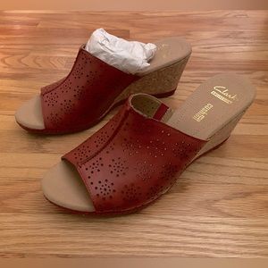 Clarks leather slip on wedge mules, size 8.5